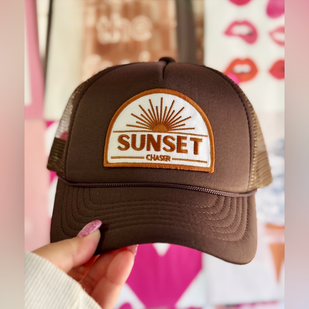 Sunset Chaser Trucker Hat – Coffee Brown Hat with Vibrant Sunset Patch